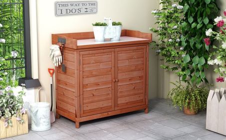 TOPMAX Outdoor 39" Potting Bench Table, Rustic Garden Wood Workstation Storage Cabinet Garden Shed with 2-Tier Shelves and Side Hook, Orange (Color: as Pic)