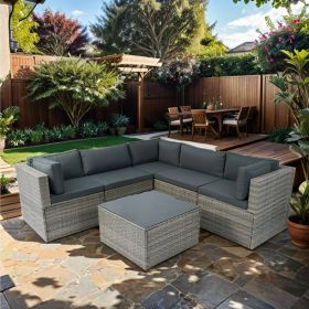 6 Pieces PE Rattan sectional Outdoor Furniture Cushioned Sofa set Grey Wicker, Dark Grey Cushion (Color: as Pic)