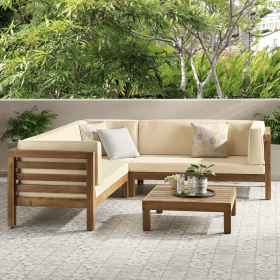 OANA OUTDOOR WOODEN SECTIONAL SET WITH CUSHIONS, BEIGE (Color: as Pic)