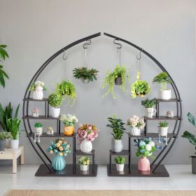 Artisasset 2pcs 5 Layers Semicircle Iron Wood Suitable For Garden Balcony Patio Lawn Home Decoration Plant Stand Flower Pot Stand Iron Flower Sta (Color: Black)