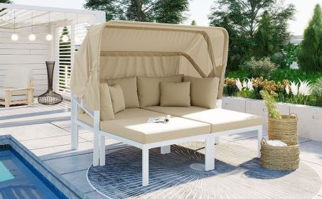 TOPMAX 3-Piece Patio Daybed with Retractable Canopy Outdoor Metal Sectional Sofa Set Sun Lounger with Cushions for Backyard, Porch, Poolside, Bei (Color: as Pic)