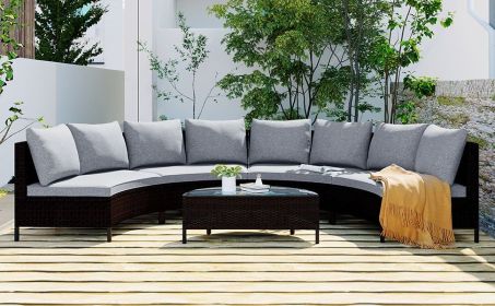 TOPMAX 5 Pieces All-Weather Brown PE Rattan Wicker Sofa Set Outdoor Patio Sectional Furniture Set Half-Moon Sofa Set with Tempered Glass Table, G (Color: as Pic)