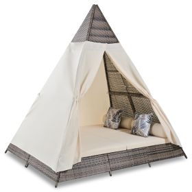 GO 90.5" Length Outdoor Sunbed With Colorful Pillows, Wicker Patio Daybed With Cushions, Tent Shape, Brown and Beige (Color: as Pic)