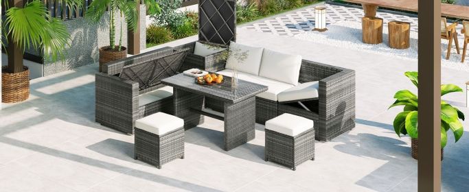 TOPMAX Outdoor 6-Piece All Weather PE Rattan Sofa Set, Garden Patio Wicker Sectional Furniture Set with Adjustable Seat, Storage Box (Color: as Pic)