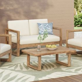 Outdoor Acacia Wood Loveseat and Coffee Table Set with Cushions, Brown Wash, Beige (Color: as Pic)