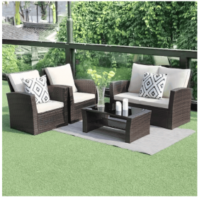 4-Pieces Outdoor Patio Furniture Set PE Rattan Wicker with Brown (Color: as Pic)
