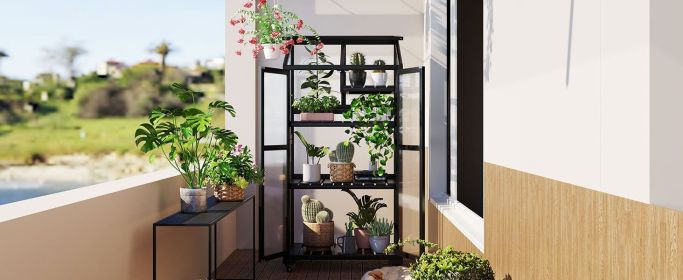 TOPMAX 62inch Height Wood Large Greenhouse Balcony Portable Cold Frame with Wheels and Adjustable Shelves for Outdoor Indoor Use, Black (Color: as Pic)